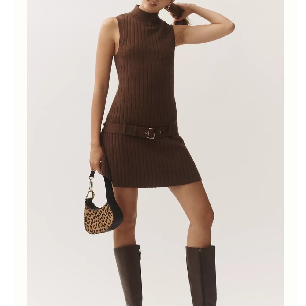 ANTHROPOLOGIE Sleeveless Mock-Neck Belted Knit Mini Dress In‎ Brown Size Small